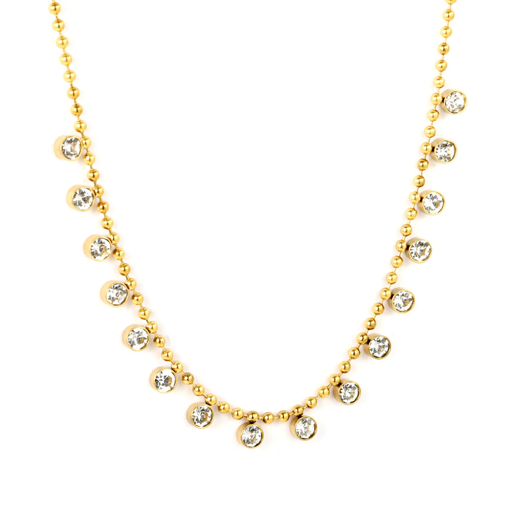 Stainless Steel Gold Color PVD Round Bead Diamond Chain Necklace