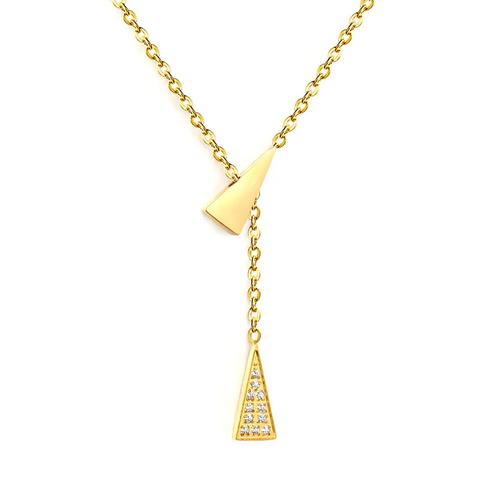 Stainless Steel Gold Color PVD Geometric Triangular Set Of Diamonds Necklace
