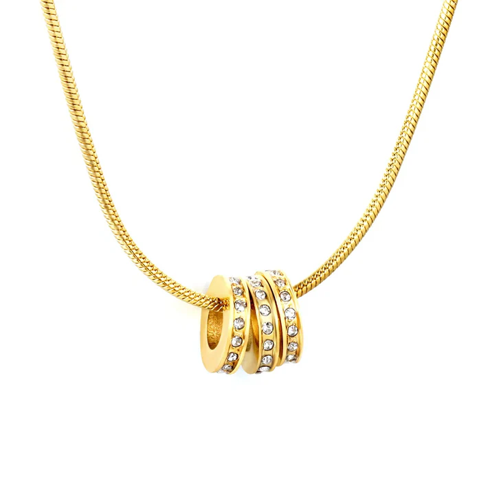 Stainless Steel Gold Color PVD Hollow Three Ring Set Diamonds With Snake Chain Necklace