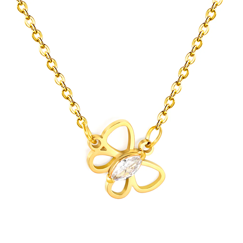 Stainless Steel Gold Color PVD Openwork Butterfly With Marquise Cut White Zirconia Pendant Cross Chain Necklace