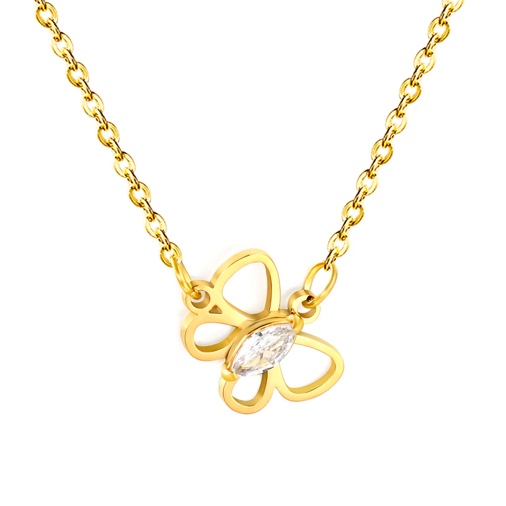 Stelluxe Stainless Steel Gold Color PVD Openwork Butterfly With Marquise Cut White Zirconia Pendant Cross Chain Necklace