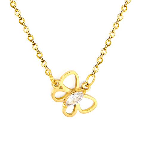 Stelluxe Stainless Steel Gold Color PVD Openwork Butterfly With Marquise Cut White Zirconia Pendant Cross Chain Necklace