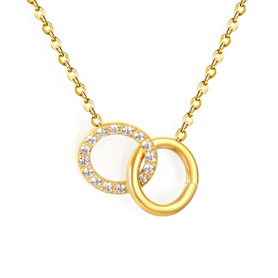 Tresoli Stainless Steel Gold Color PVD Smooth Hollow Round Rings With Diamonds Necklace