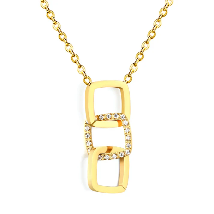 Stainless Steel Gold Color PVD Wide Smooth Geometric Hollowed Design With Diamond Necklace