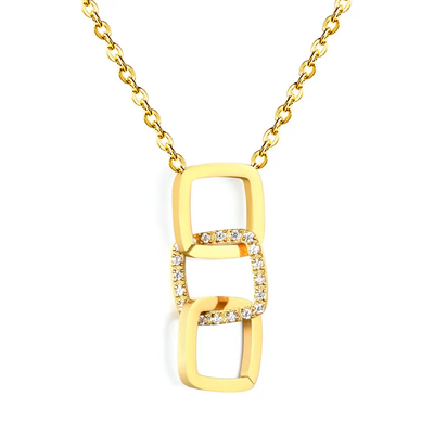 Tresoli Stainless Steel Gold Color PVD Wide Smooth Geometric Hollowed Design With Diamond Necklace