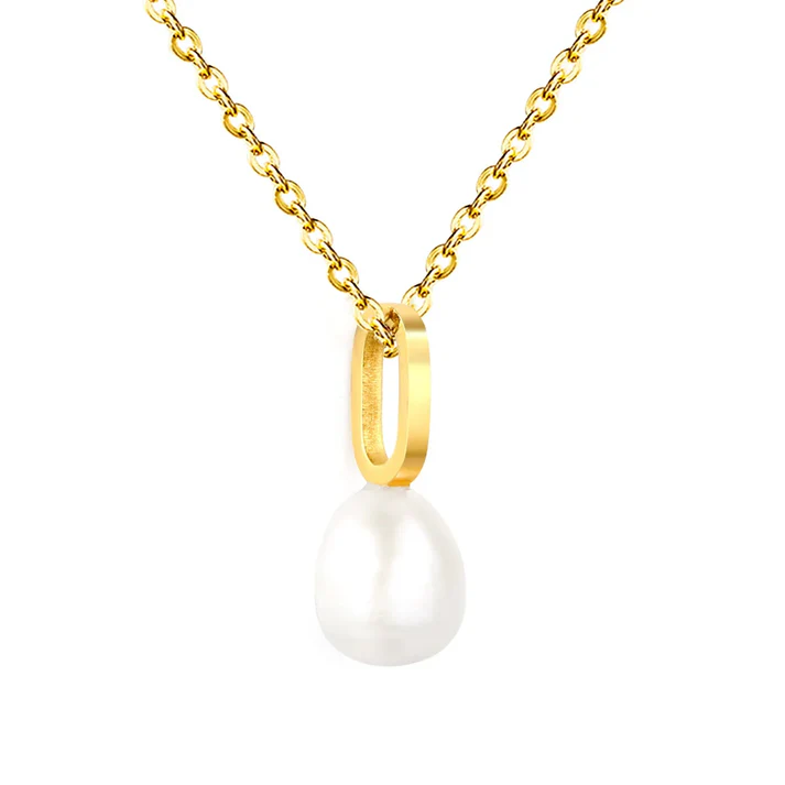 Stainless Steel Gold Color PVD Oval Shaped Geometric Piece Assembled Pearl Necklace