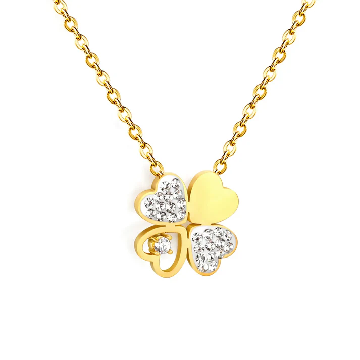 Stainless Steel Gold Color PVD Four Leaf Clover Oil Drop Pendant Necklace With White Diamond
