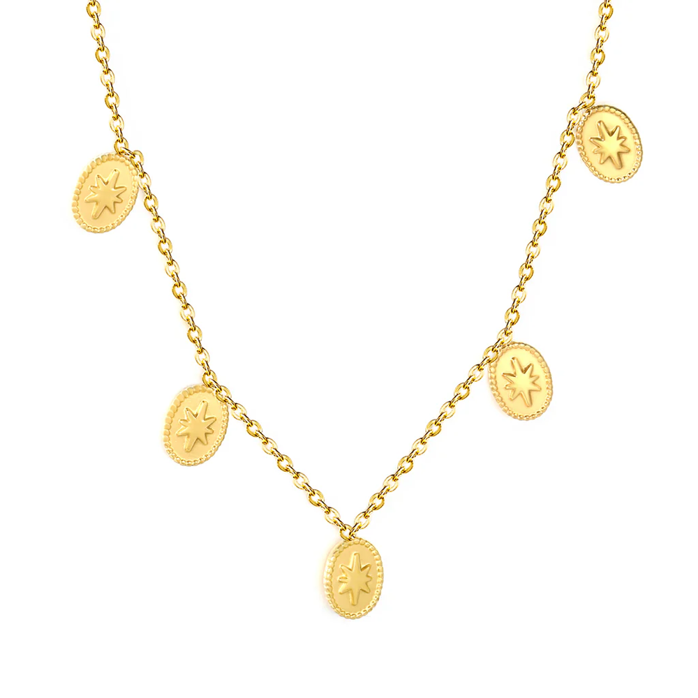 Stainless Steel Gold Color PVD Five Pointed Star Elliptical Pendant Cross Chain Round Tassel Necklace