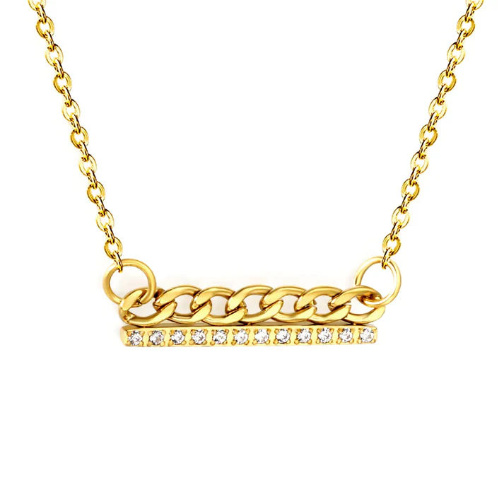 Stainless Steel Gold Color PVD Single Cut White Diamond And Cross Chain Bar Necklace