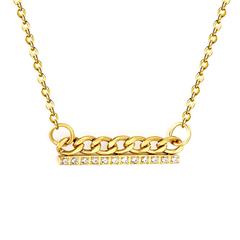 Tresoli Stainless Steel Gold Color PVD Single Cut White Diamond And Cross Chain Bar Necklace