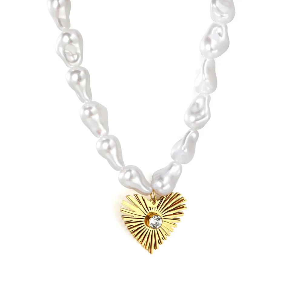 Tresoli Stainless Steel Gold Color PVD Heart Diamond Inlaid Baroque Imitation Pearl Pendant Necklace