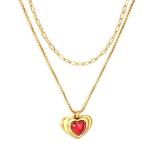 Load image into Gallery viewer, Tresoli Stainless Steel Gold Color PVD Double Layer Chain Heart Red Pendants Necklace