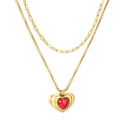 Tresoli Stainless Steel Gold Color PVD Double Layer Chain Heart Red Pendants Necklace