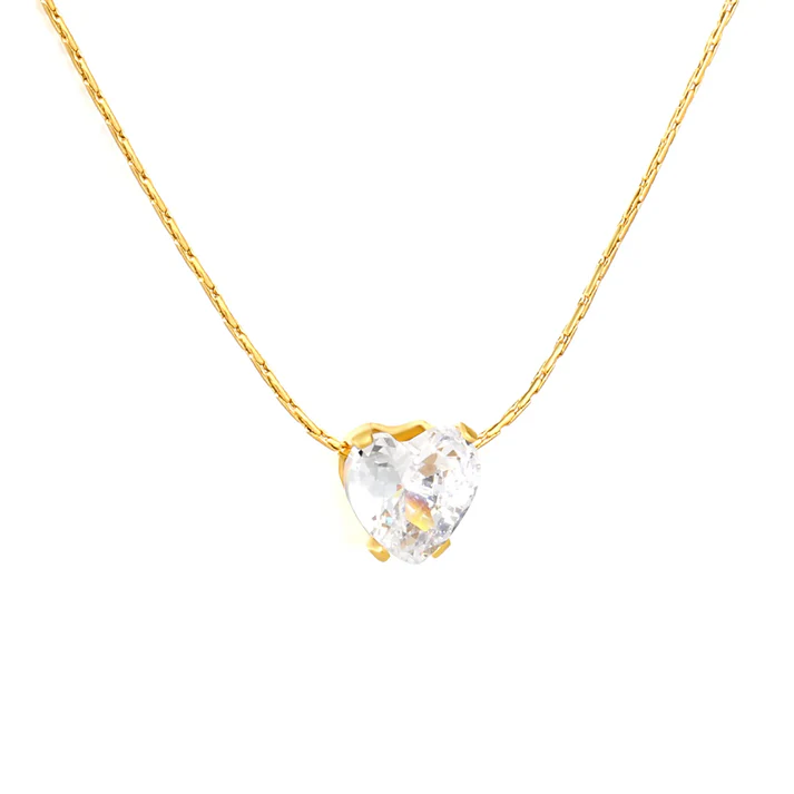 Stainless Steel Gold Color PVD White Zirconia Heart Pendant With Cross Shaped Hammer Chain Necklace