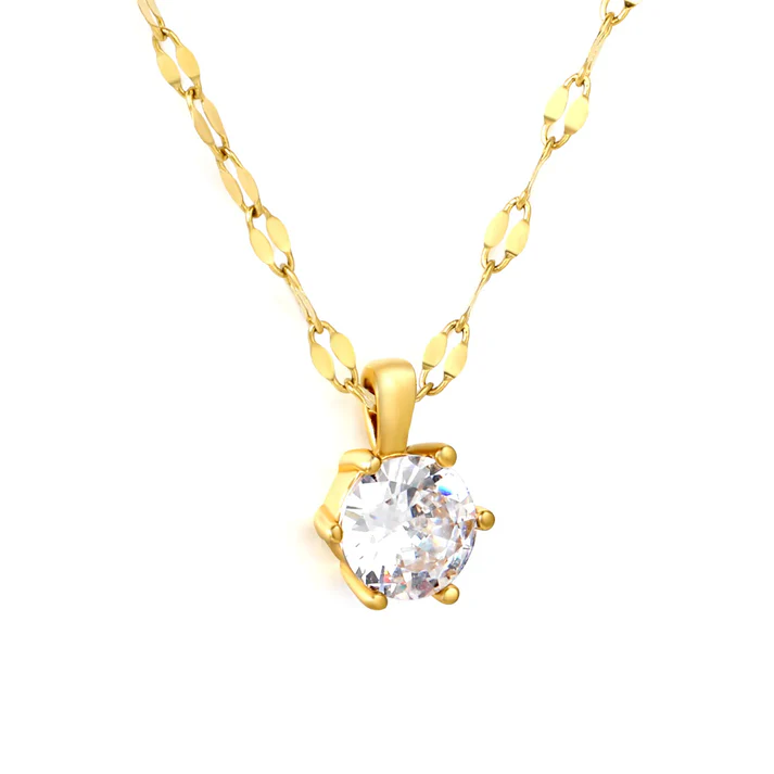 Stainless Steel Gold Color PVD Round White Zirconia Pendant 6 Prong Setting Necklace