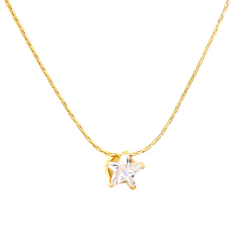 Stainless Steel Gold Color PVD White Diamond Star Pendant With Cross Link Necklace