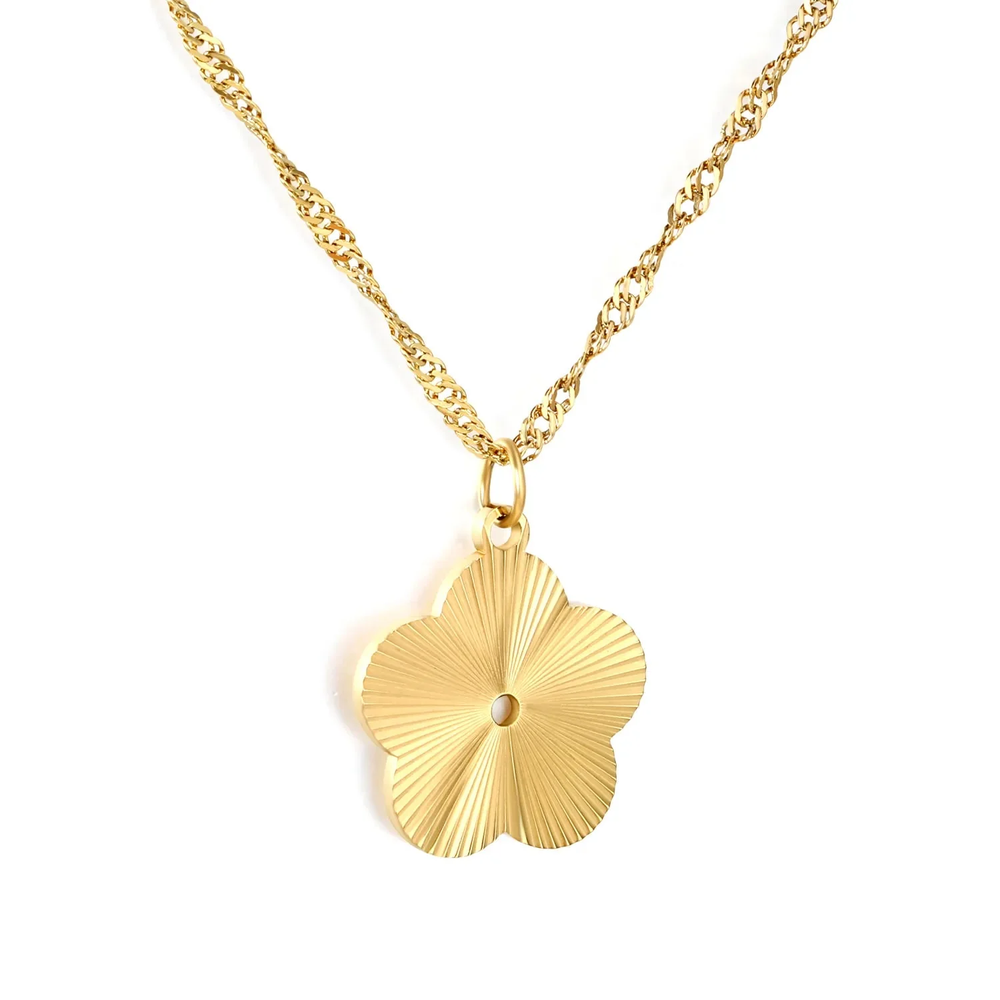 Stainless Steel Gold Color PVD Wave Chain Laser Plum Blossom Pendant Necklace