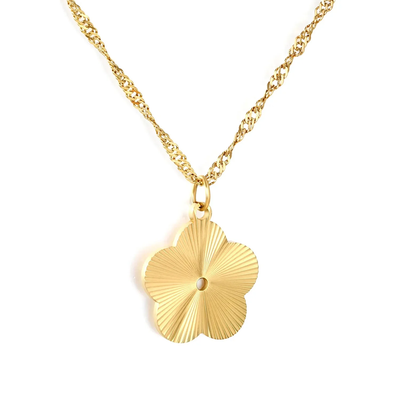 Tresoli  Stainless Steel Gold Color PVD Wave Chain Laser Plum Blossom Pendant Necklace