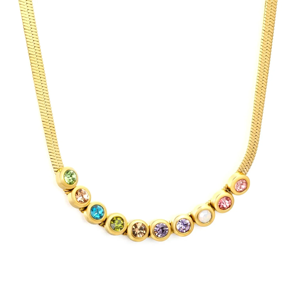 Stainless Steel Gold Color PVD Blade Chain Mixed Color Czech Diamond Necklace