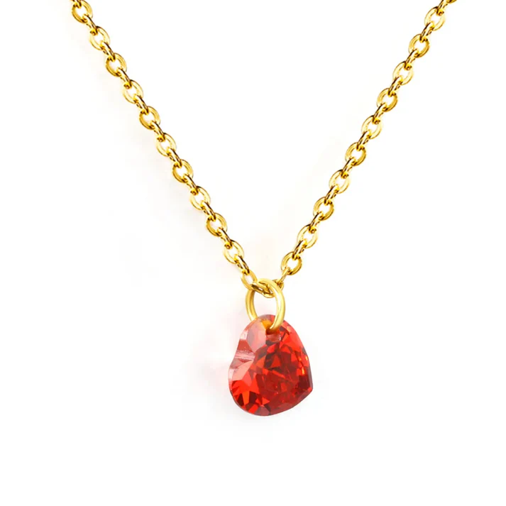 Stainless Steel Gold Color PVD Deep Ruby CZ Heart Shaped Double Strand Chain Necklace