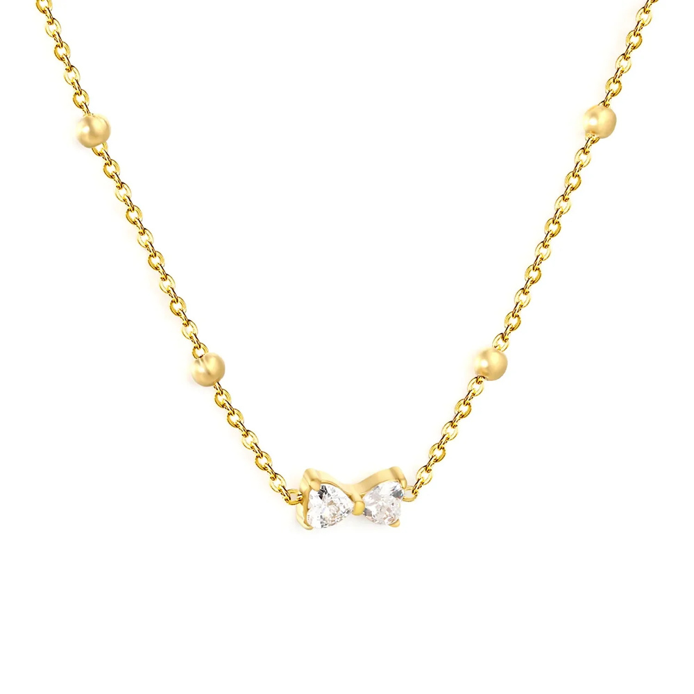 Stainless Steel Gold Color PVD Bowknot White Zircon Cross Chain Pendant Necklace