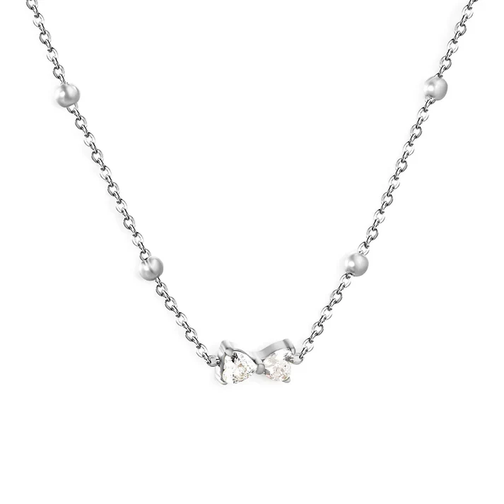 Stainless Steel Color PVD Bowknot White Zircon Cross Chain Pendant Necklace