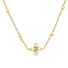 Load image into Gallery viewer, Tresoli Stainless Steel Gold Color PVD Bead Clasp Chain Flower Inlaid White Zircon Pendant Necklace