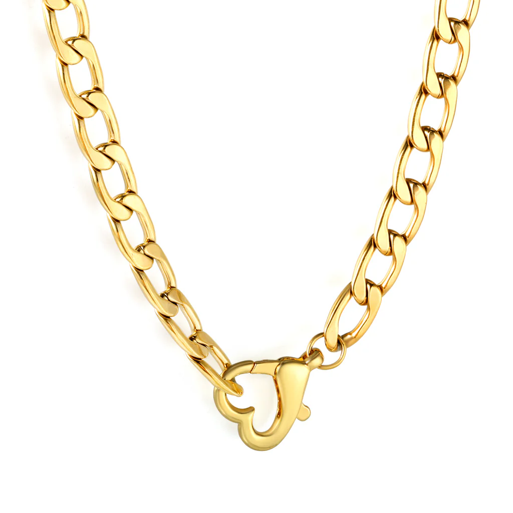 Stainless Steel Gold Color PVD Heart Cuban Chain Necklace