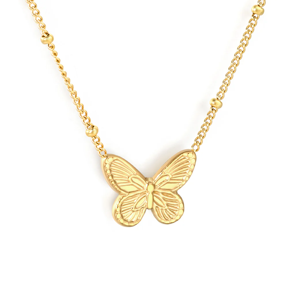 Stelluxe Stainless Steel Gold Color PVD Beads Chain Butterfly Design Cast Craft Necklace