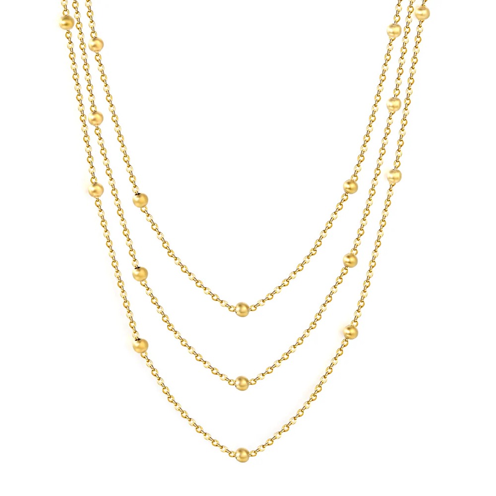 Stainless Steel Gold Color PVD Beads Triple Lines Necklace