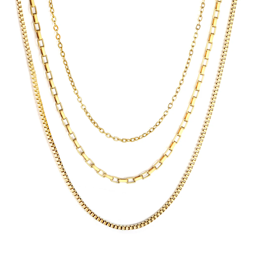 Stainless Steel Gold Color PVD Three Tier Combination Necklace