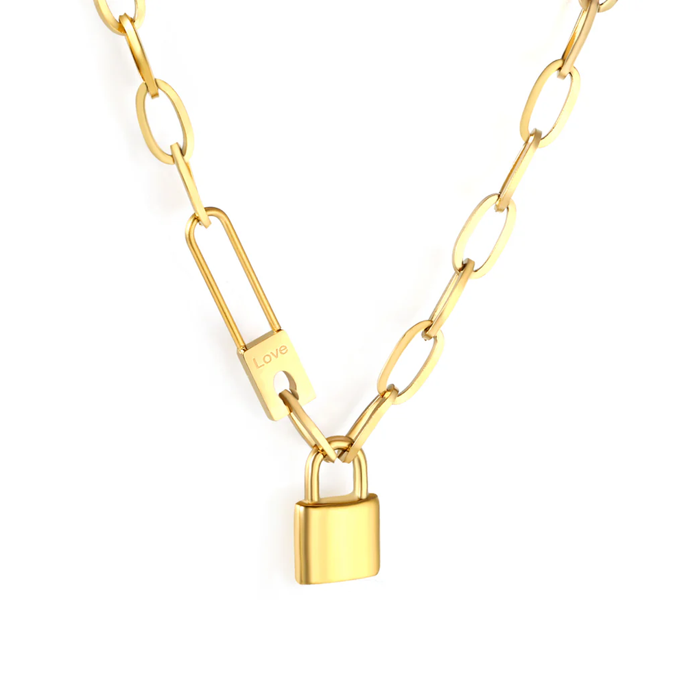 Stainless Steel Gold Color PVD Chunky Chain Lock Pendant Necklace