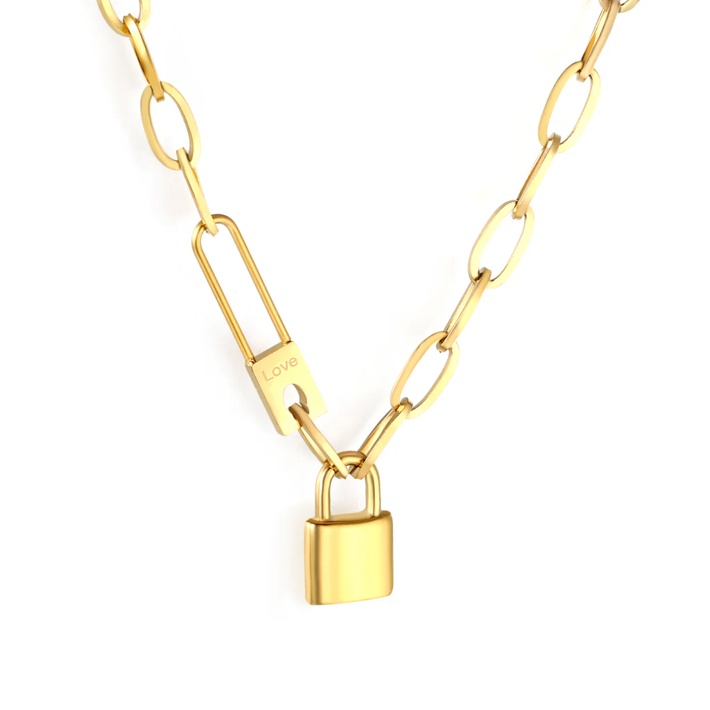 Stelluxe Stainless Steel Gold Color PVD Chunky Chain Lock Pendant Necklace