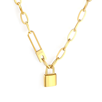 Stelluxe Stainless Steel Gold Color PVD Chunky Chain Lock Pendant Necklace