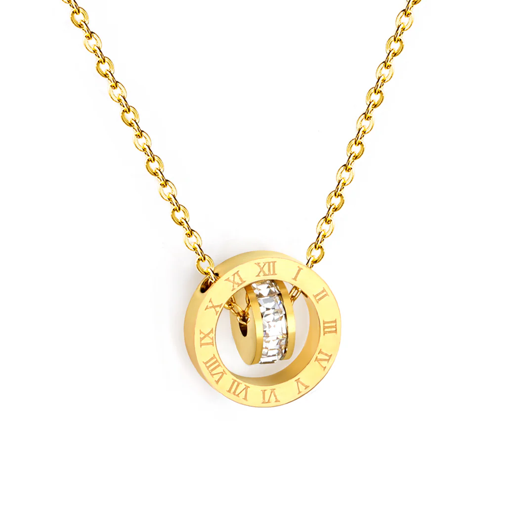 Stainless Steel Gold Color PVD Diamond Set Design Engraved With Roman Numerals Necklace