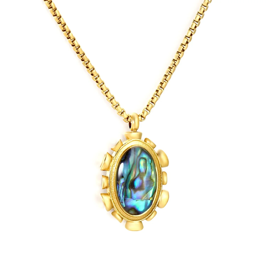 Tresoli Stainless Steel Gold Color PVD Square Pearl Blue Oval Abalone Shell Pendant Necklace