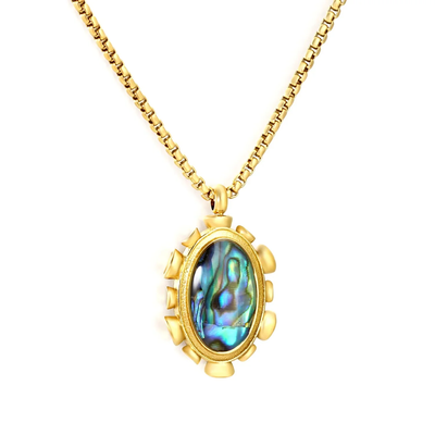 Tresoli Stainless Steel Gold Color PVD Square Pearl Blue Oval Abalone Shell Pendant Necklace