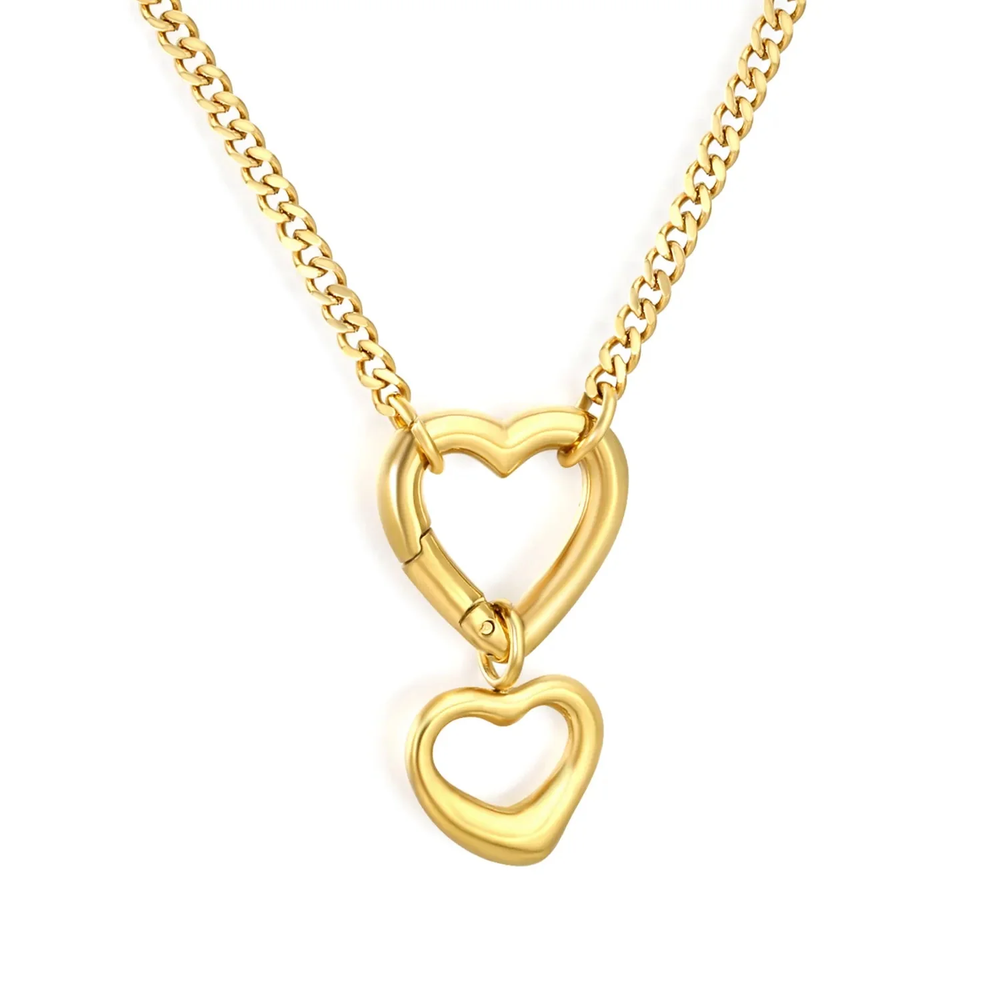 Stainless Steel Gold Color PVD Double Sided Polished Chain Heart Pendant Necklace