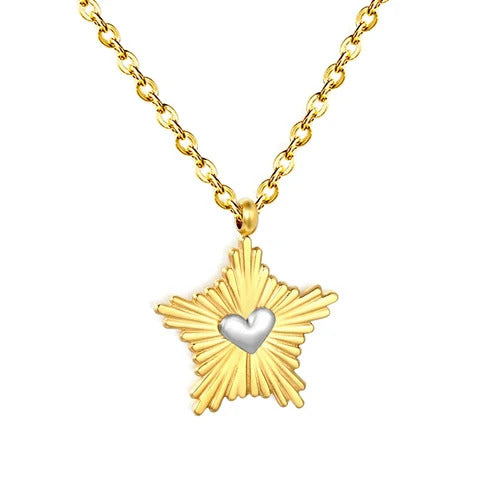 Stainless Steel Gold Color PVD Star Heart Pendant Cross Chain Necklace