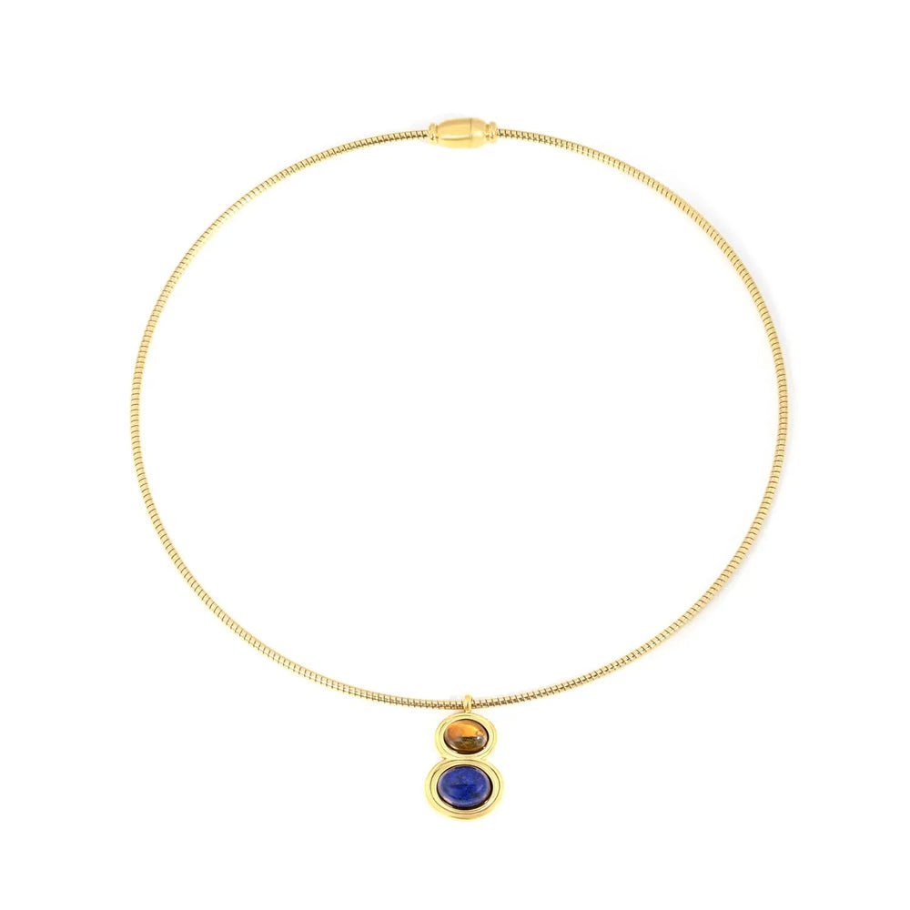 Stainless Steel Gold Color PVD Spring Link Chain Tiger's Eye And Lapis Lazuli Pendant Necklace
