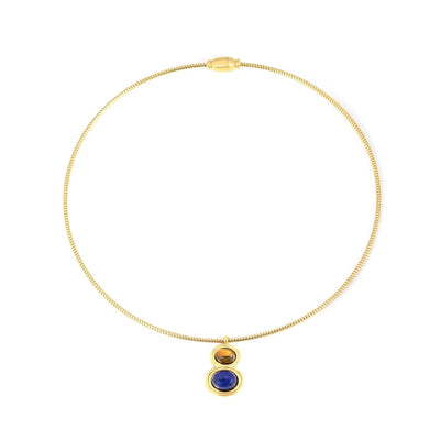 Tresoli Stainless Steel Gold Color PVD Spring Link Chain Tiger's Eye And Lapis Lazuli Pendant Necklace