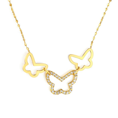 Tresoli Stainless Steel Gold Color PVD CNC White Zircon Inlaid Hollow Polished Butterfly Charm Necklace