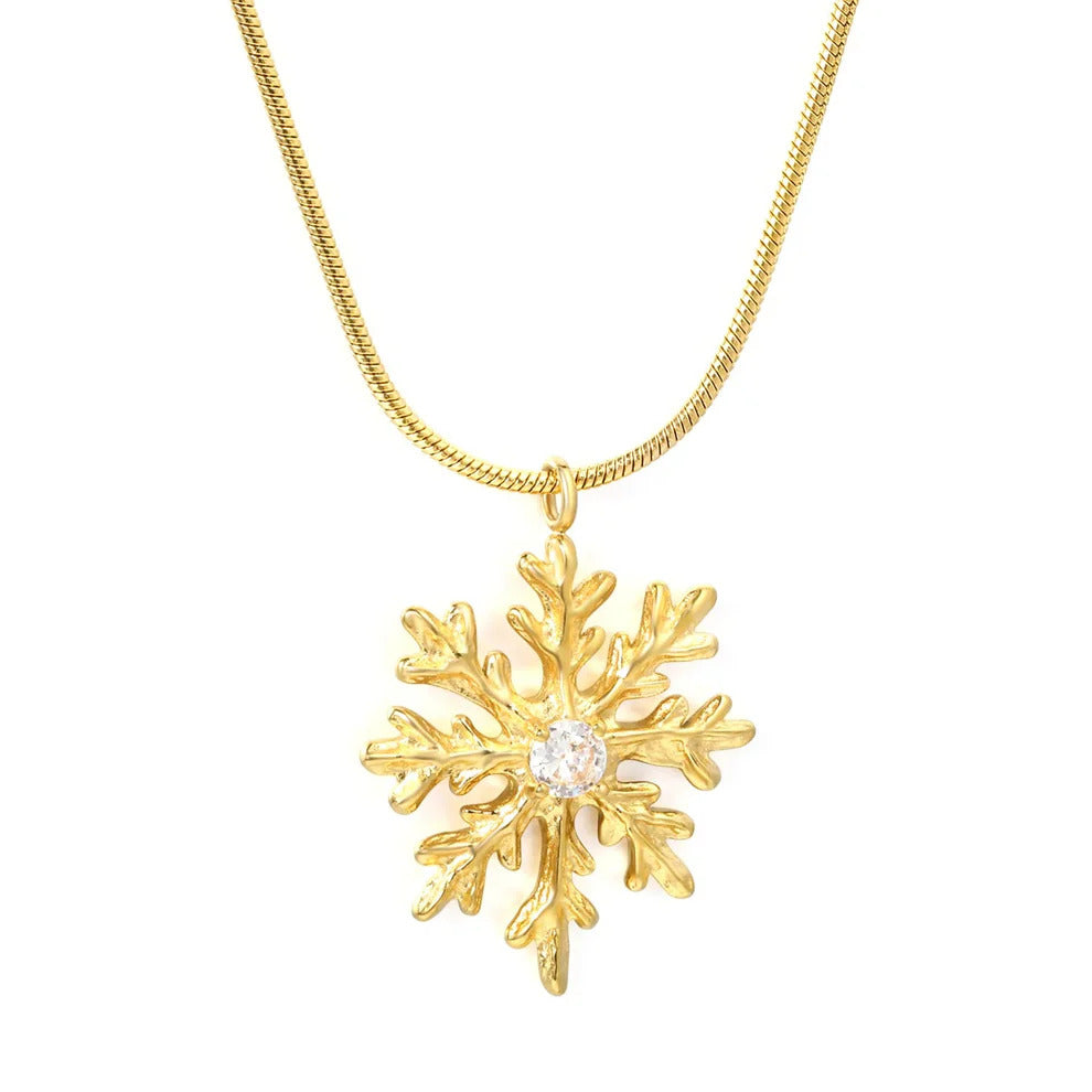 Stainless Steel Gold Color PVD Snowflake Pendant Inlaid Round White Zircon Round Snake Chain Necklace