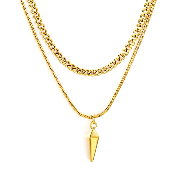 Stainless Steel Gold Color PVD Double Chain Stud Pendant Necklace