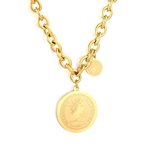 Stainless Steel Gold Color PVD Disc Pendant Necklace