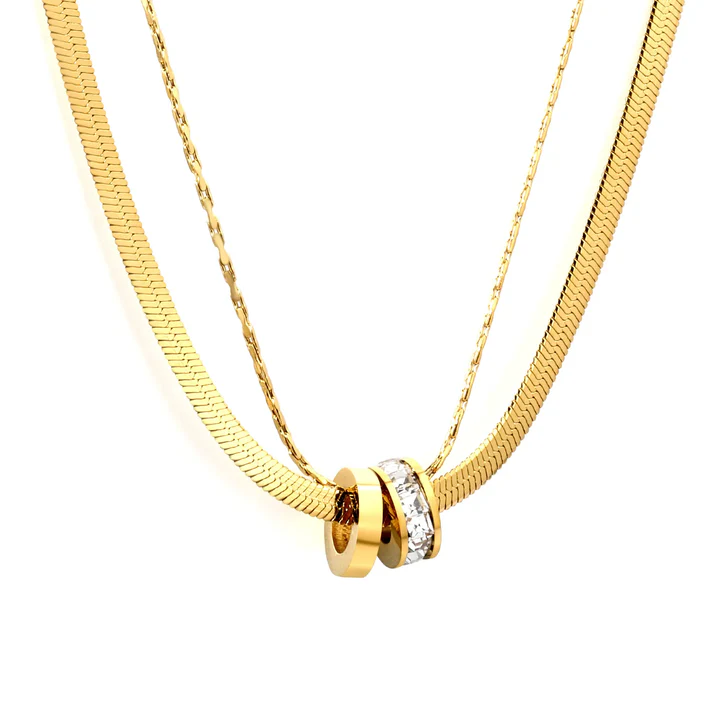 Stainless Steel Gold Color PVD Diamond Accented Double Hoop Necklace