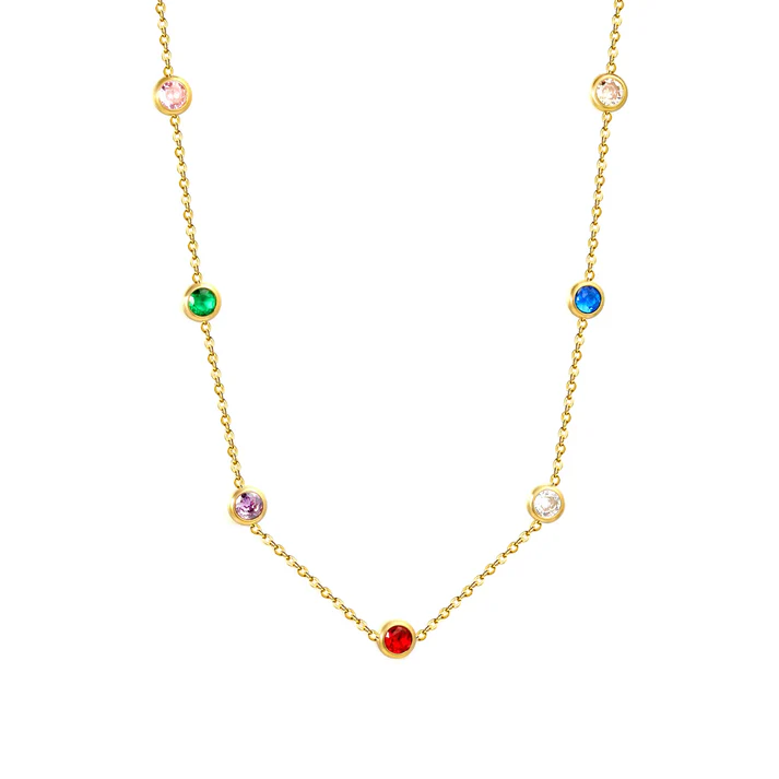 Stainless Steel Gold Color PVD Seven Stone Mixed Color Diamond Dainty Necklace
