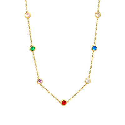 Tresoli Stainless Steel Gold Color PVD Seven Stone Mixed Color Diamond Dainty Necklace
