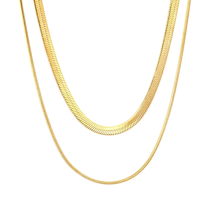 Stainless Steel Gold Color PVD Round Snake Blade Double Chain Necklace
