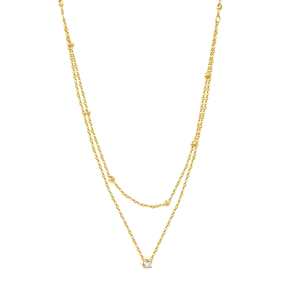 Stainless Steel Gold Color PVD Round Diamond And Pearl Double Chain Necklace